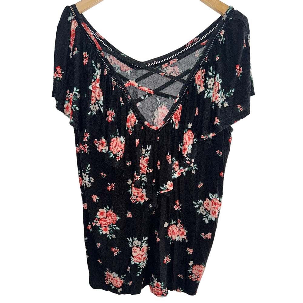 Black with Pink Floral Torrid Cross Front Ruffle V Neck Soft Coquette Plus 2X